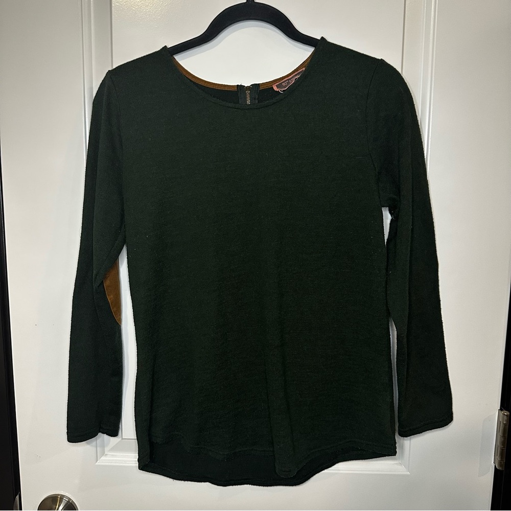 50th Street Petite Forest Green Top | Brown Elbow Patches & Back Zip | PM